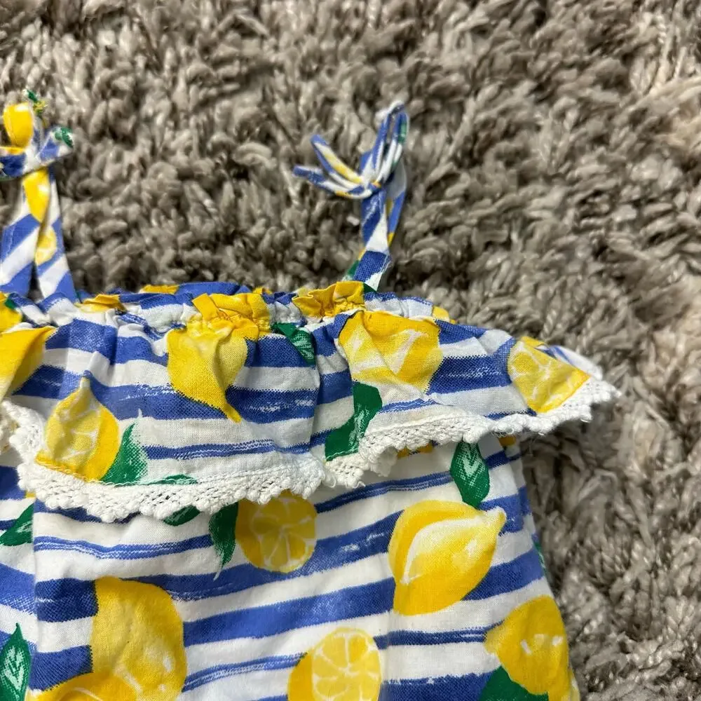 Dylan & Abby Stripe Lemon Print Ruffle Bubble Romper Baby Girl 6-9 Months